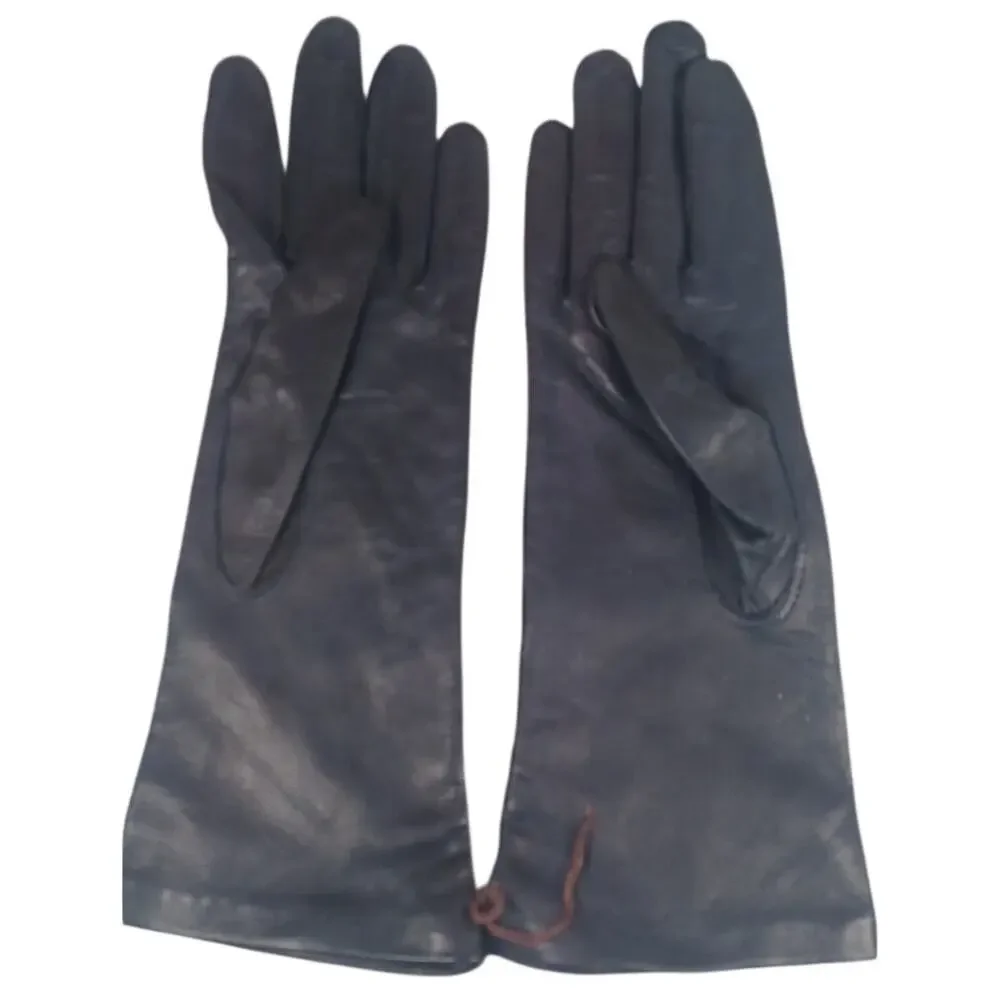 Vintage Made in Italy Dark Blue Leather Gloves with 100% Silk Lining, Size 7